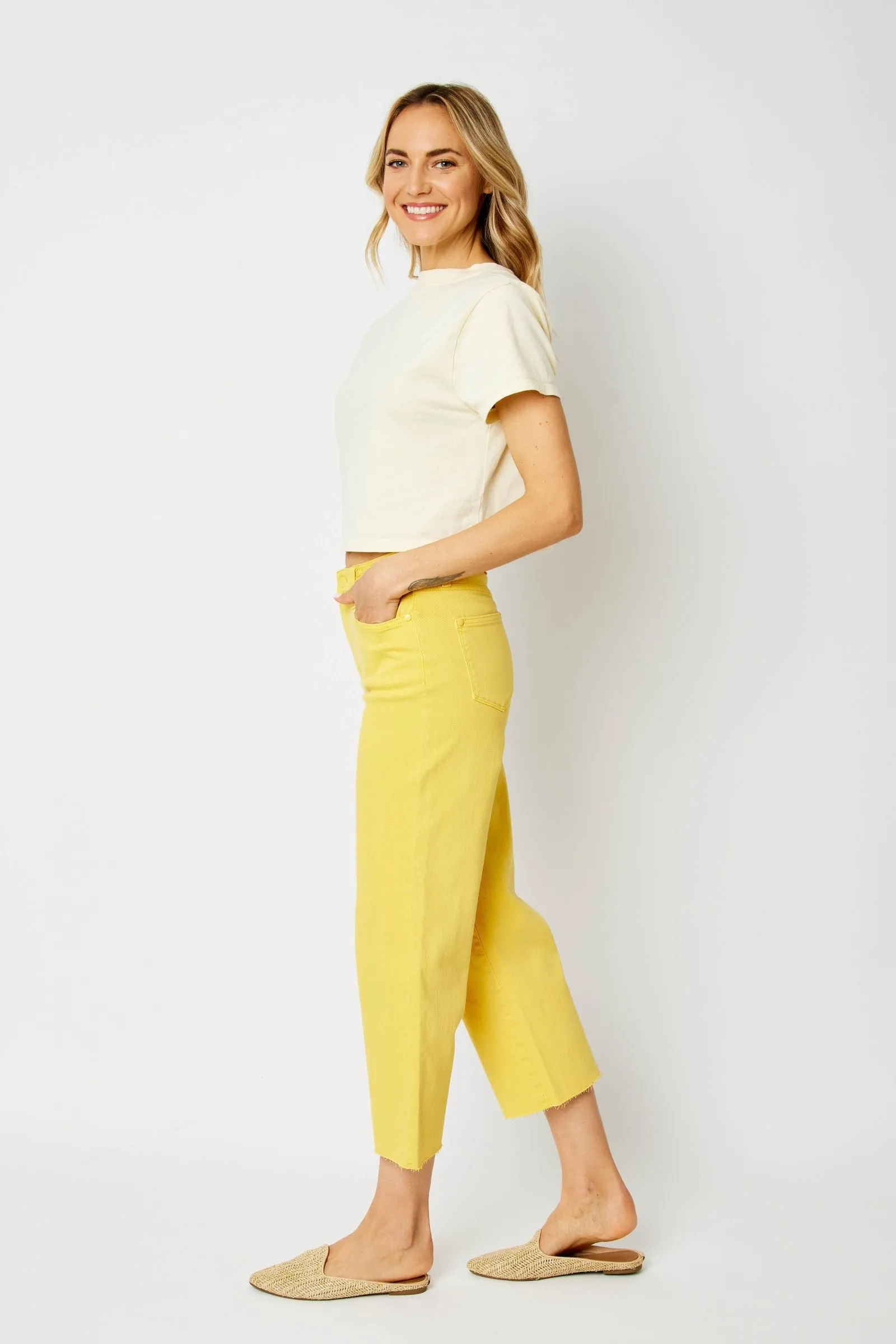 Judy Blue High Waisted Yellow Garment Dyed Braided Waist Band Cropped Wide Leg Denim Jeans