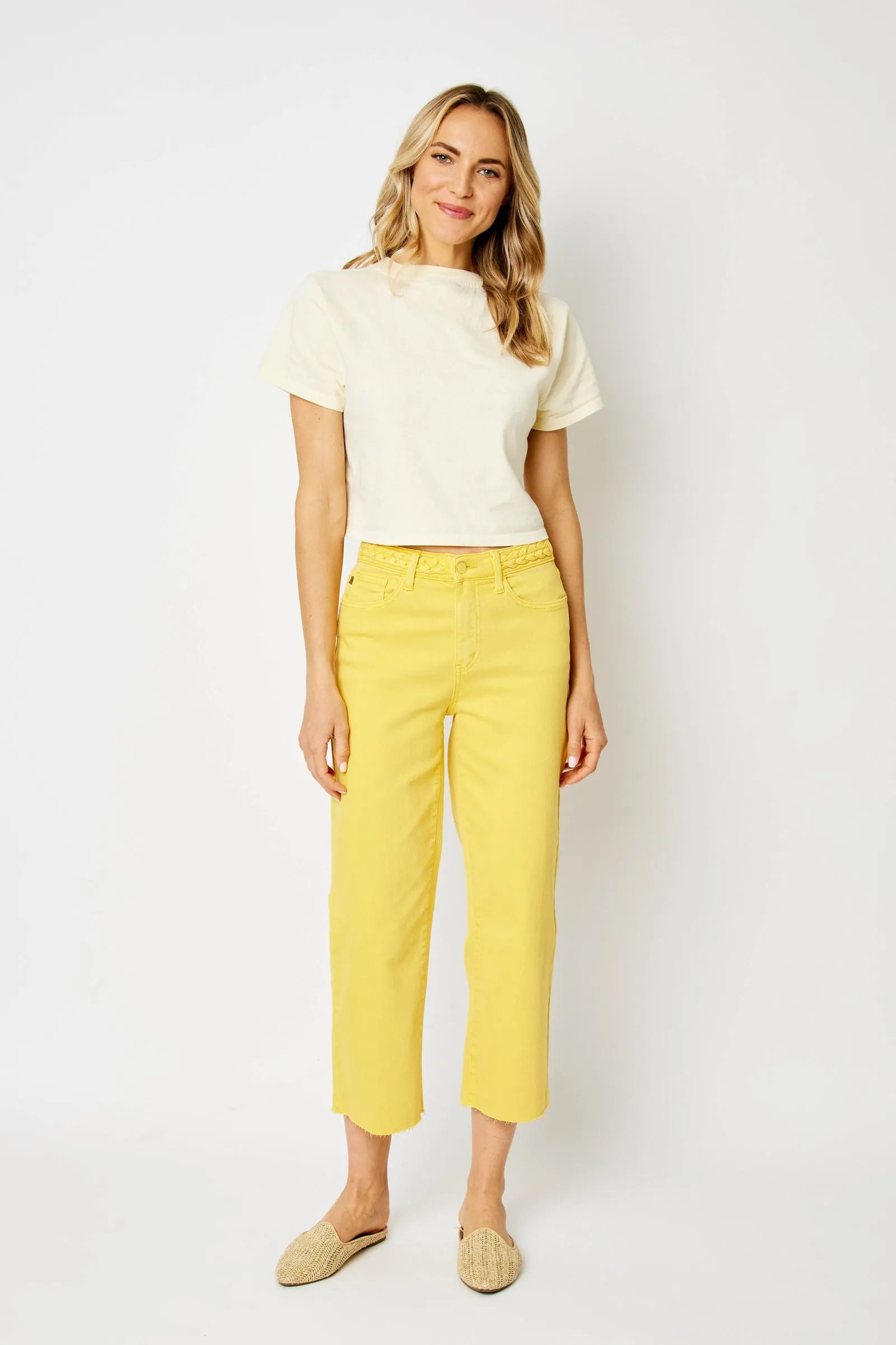 Judy Blue High Waisted Yellow Garment Dyed Braided Waist Band Cropped Wide Leg Denim Jeans