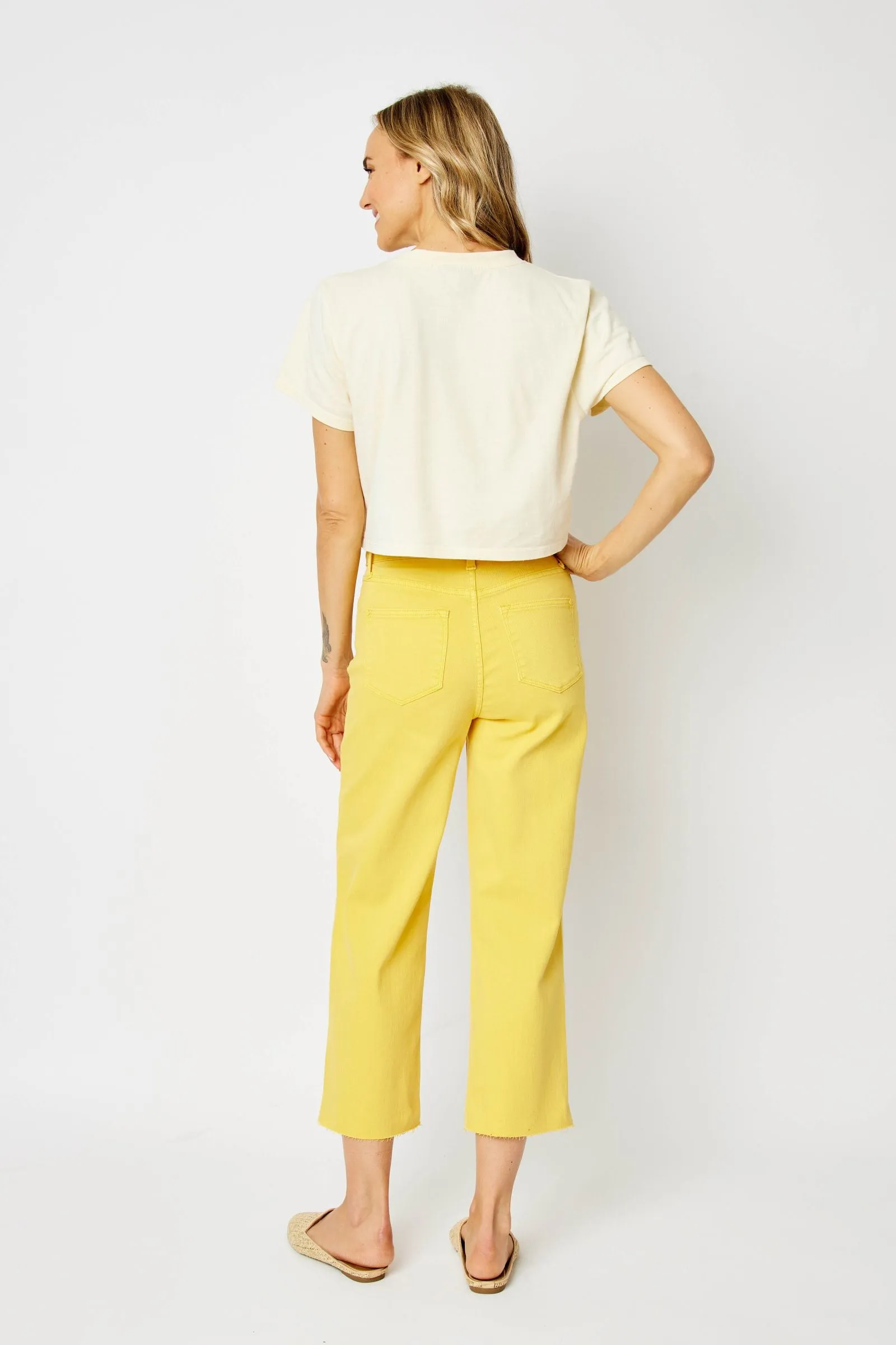 Judy Blue High Waisted Yellow Garment Dyed Braided Waist Band Cropped Wide Leg Denim Jeans