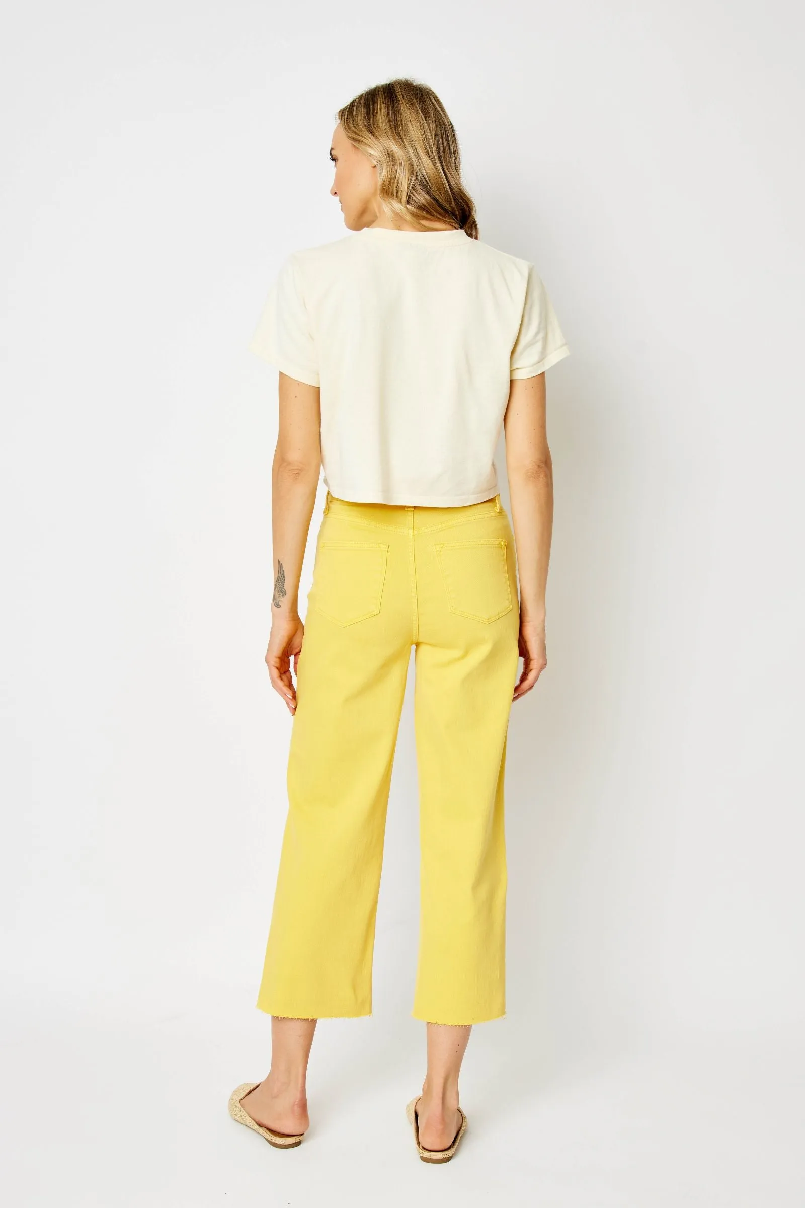 Judy Blue High Waisted Yellow Garment Dyed Braided Waist Band Cropped Wide Leg Denim Jeans