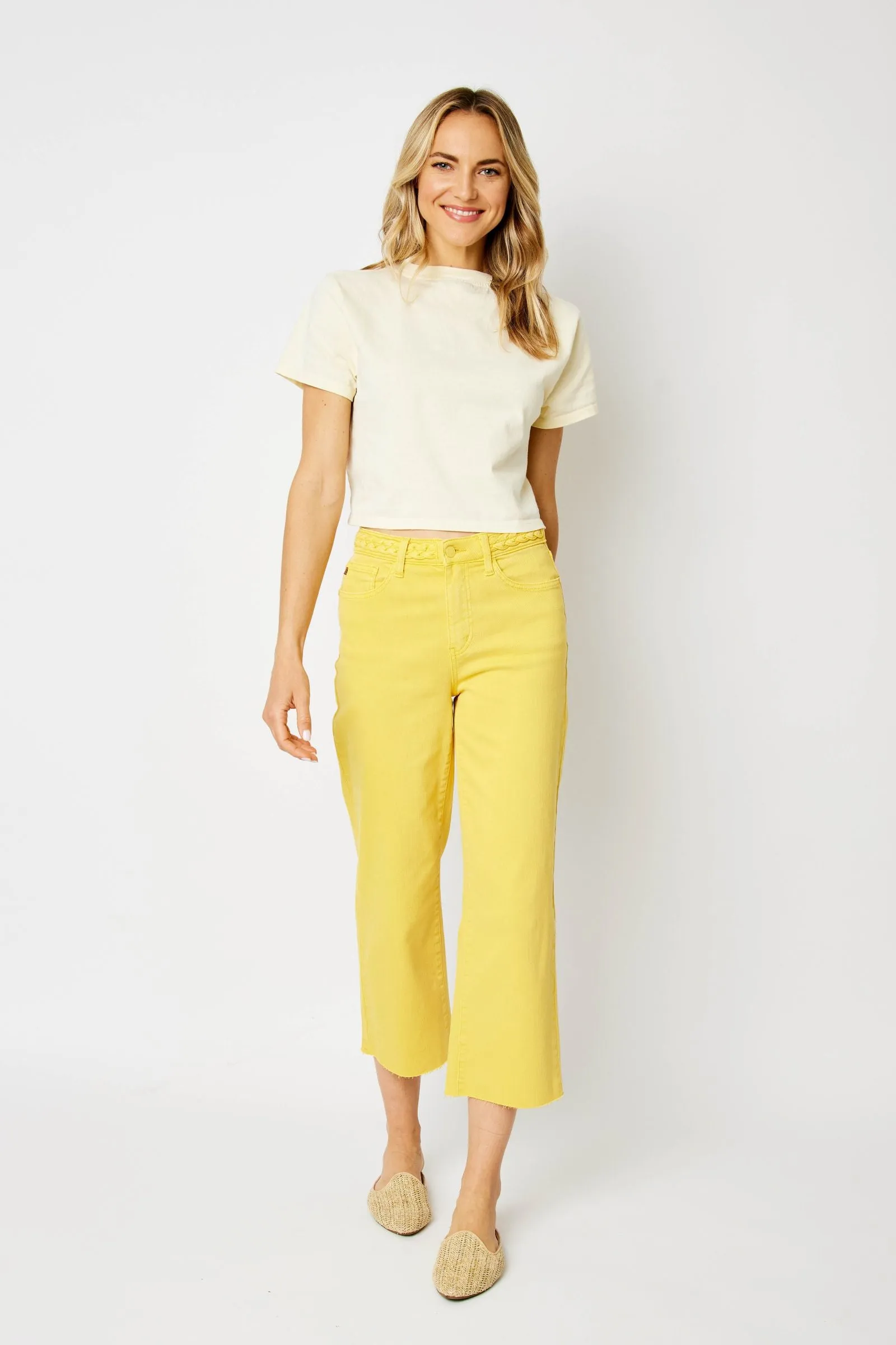 Judy Blue High Waisted Yellow Garment Dyed Braided Waist Band Cropped Wide Leg Denim Jeans