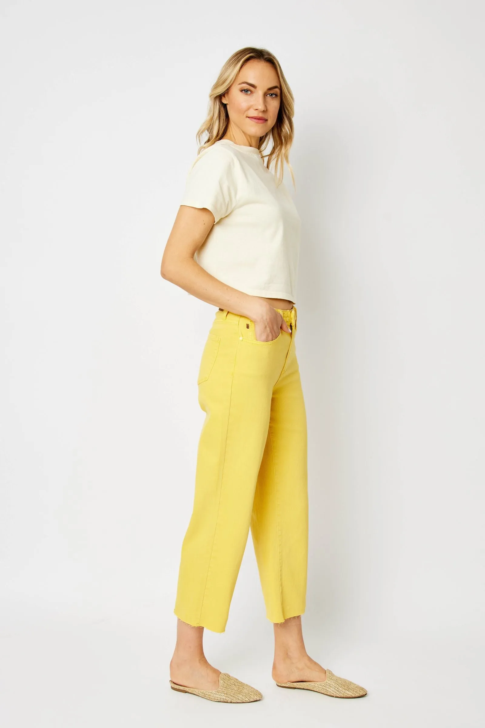 Judy Blue High Waisted Yellow Garment Dyed Braided Waist Band Cropped Wide Leg Denim Jeans