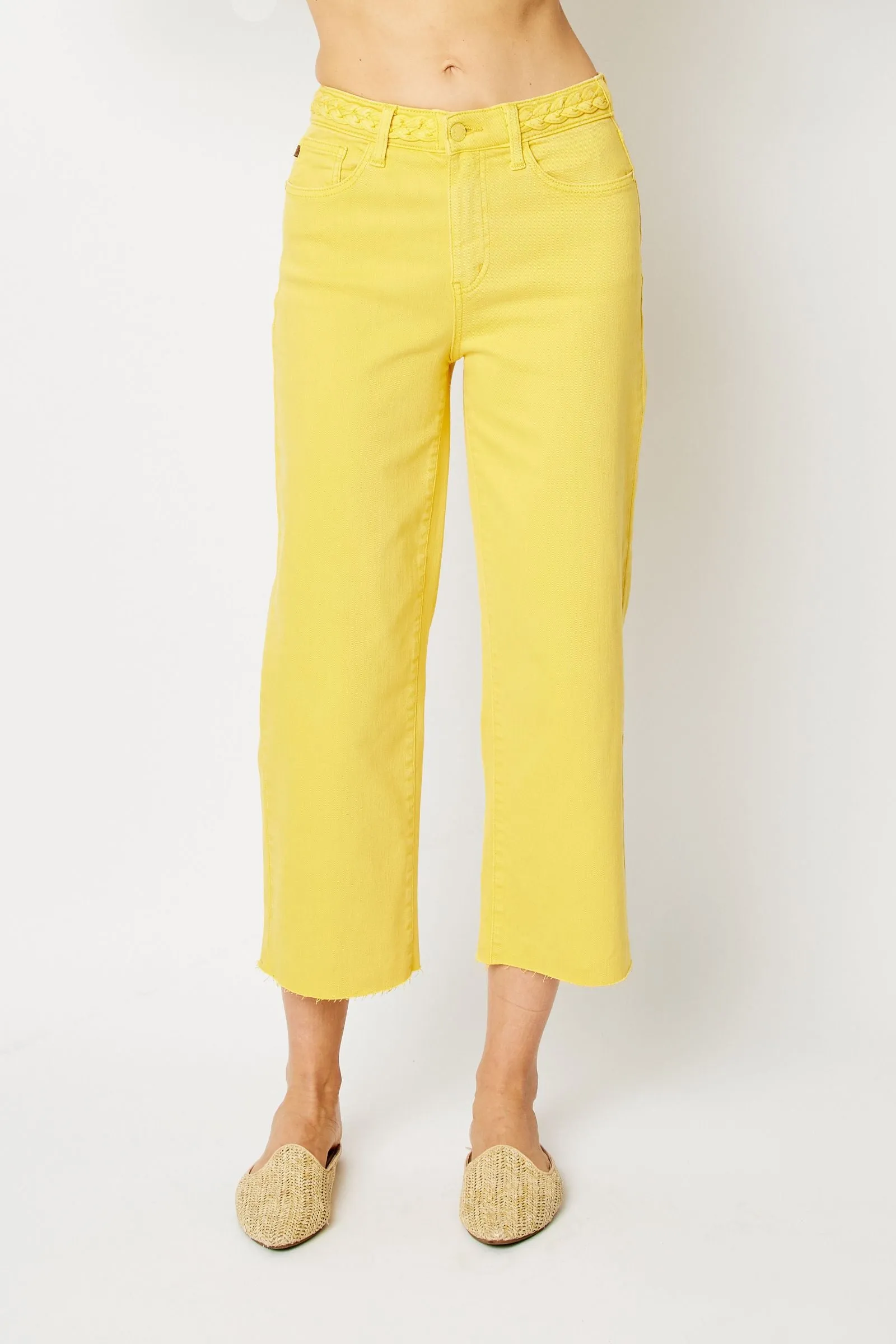 Judy Blue High Waisted Yellow Garment Dyed Braided Waist Band Cropped Wide Leg Denim Jeans