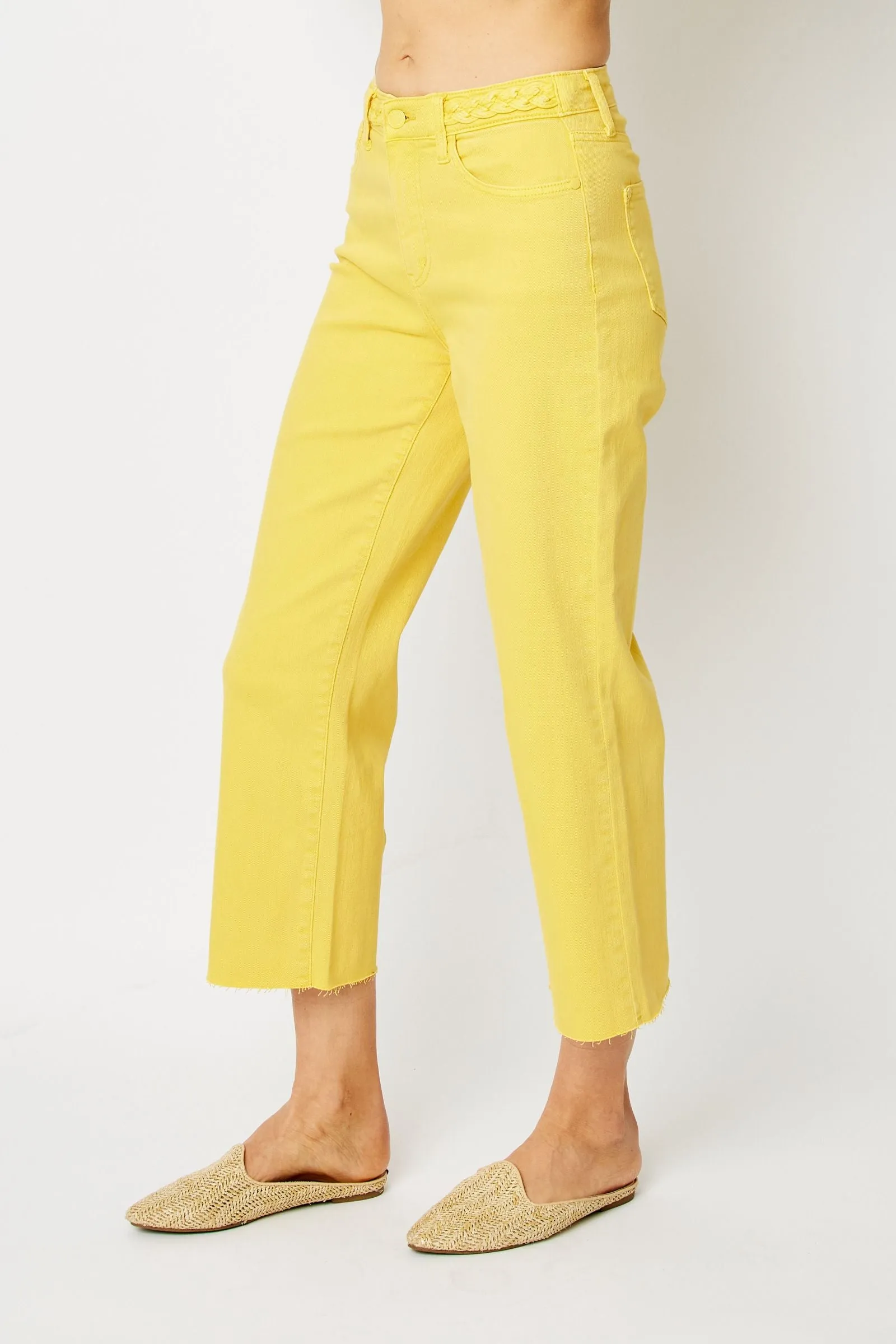 Judy Blue High Waisted Yellow Garment Dyed Braided Waist Band Cropped Wide Leg Denim Jeans
