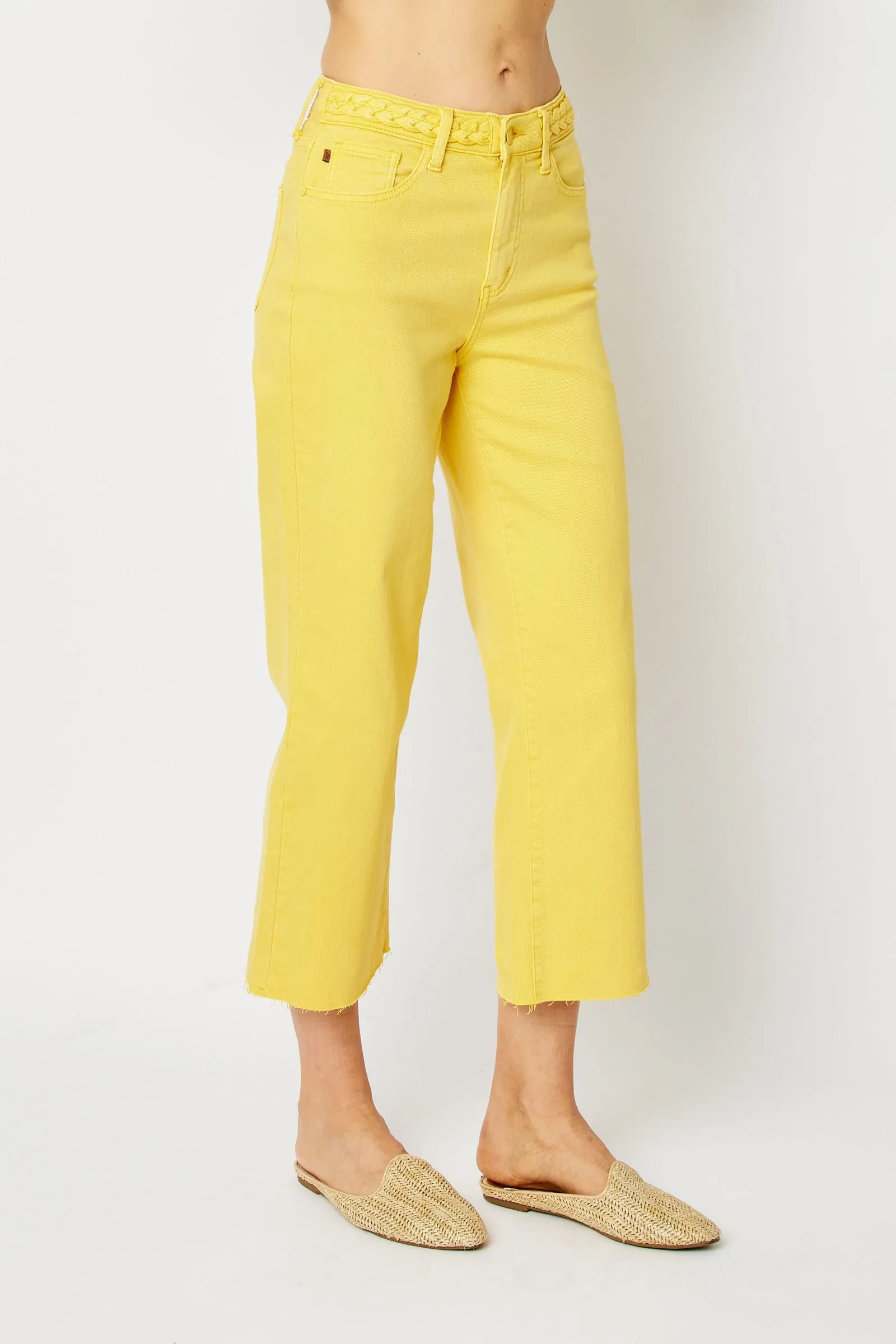 Judy Blue High Waisted Yellow Garment Dyed Braided Waist Band Cropped Wide Leg Denim Jeans