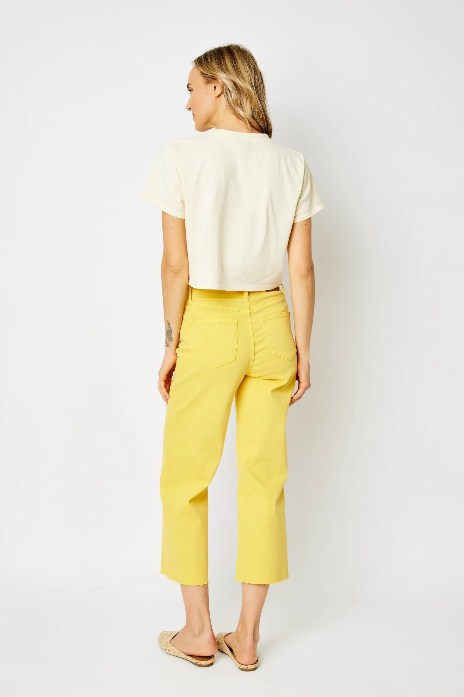 Judy Blue High Waisted Yellow Garment Dyed Braided Waist Band Cropped Wide Leg Denim Jeans