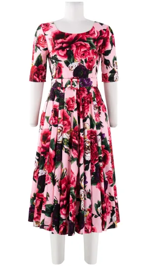 Laurent Dress Boat Neck 1/2 Sleeve Midi Length Cotton Stretch (Peony Kimono All Over)