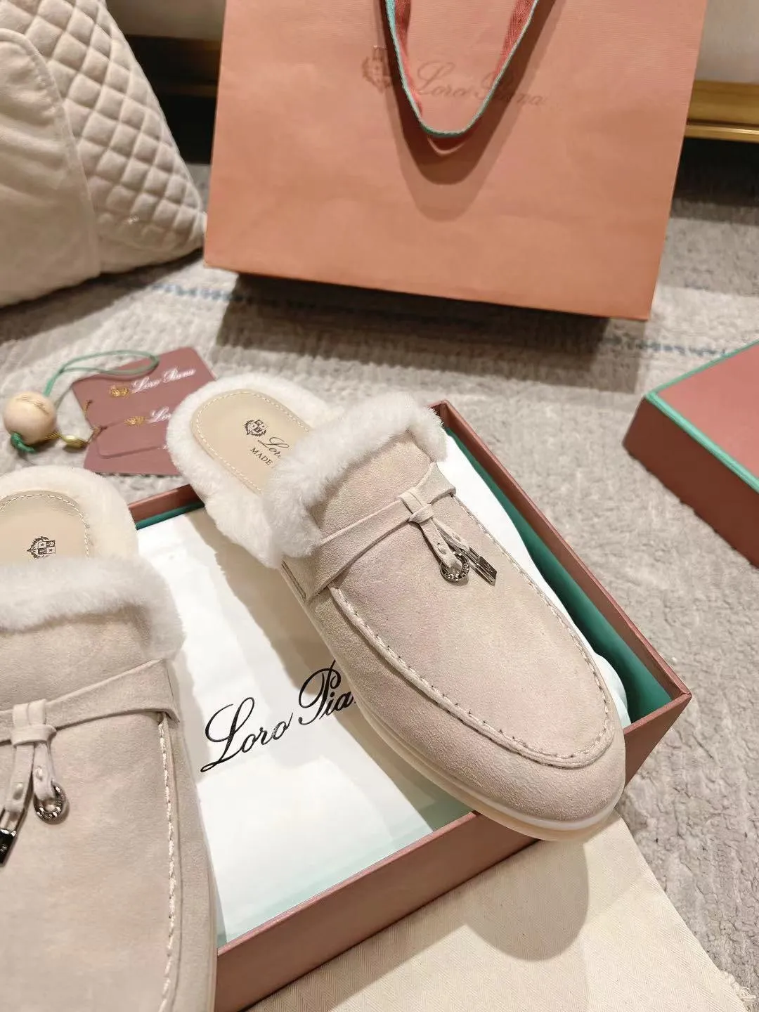 LP Charms Walk Babouche Loafer Bisque Cream mix White Suede With Rabbit Fur Lining 206243