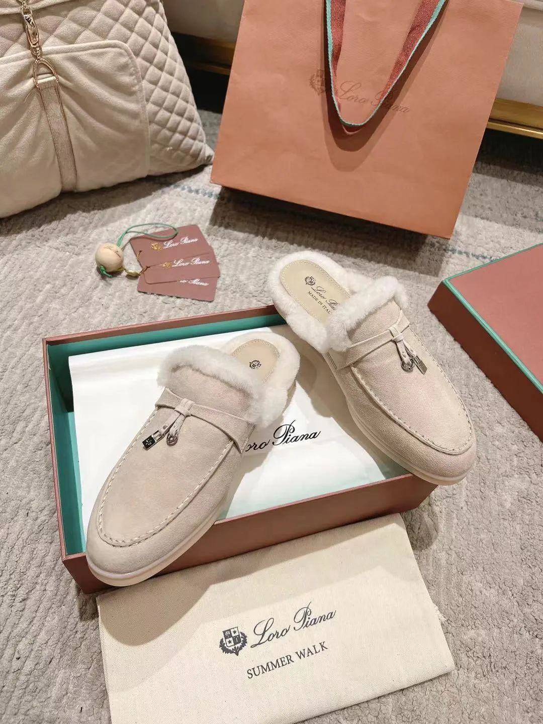 LP Charms Walk Babouche Loafer Bisque Cream mix White Suede With Rabbit Fur Lining 206243