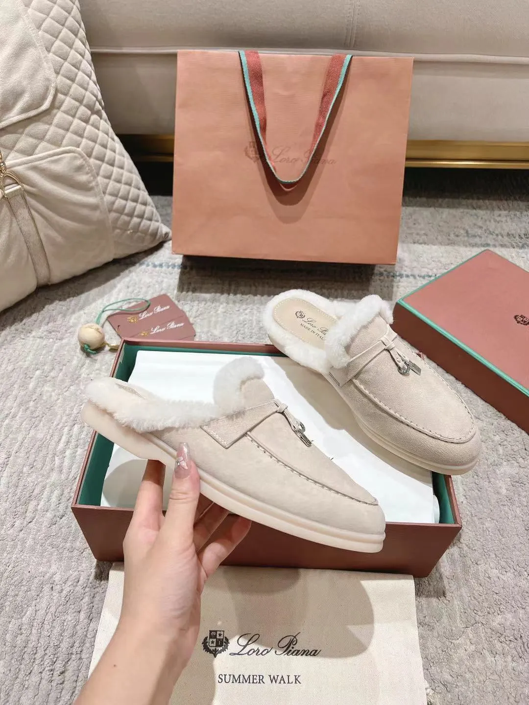 LP Charms Walk Babouche Loafer Bisque Cream mix White Suede With Rabbit Fur Lining 206243