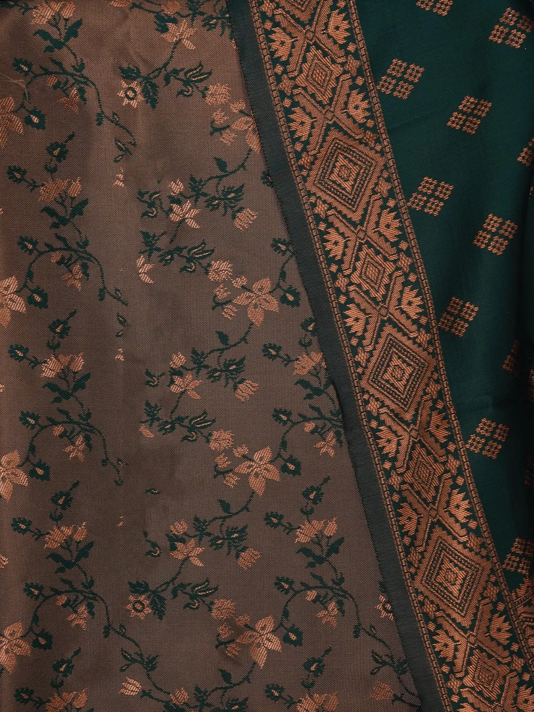 Mehandi Floral Silk Zari Woven Dress Material with Dupatta