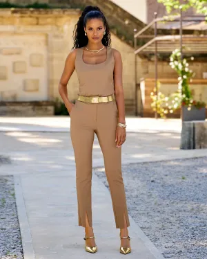 Newport Modern Slim Straight Leg Slit Front Trouser Pant Camel