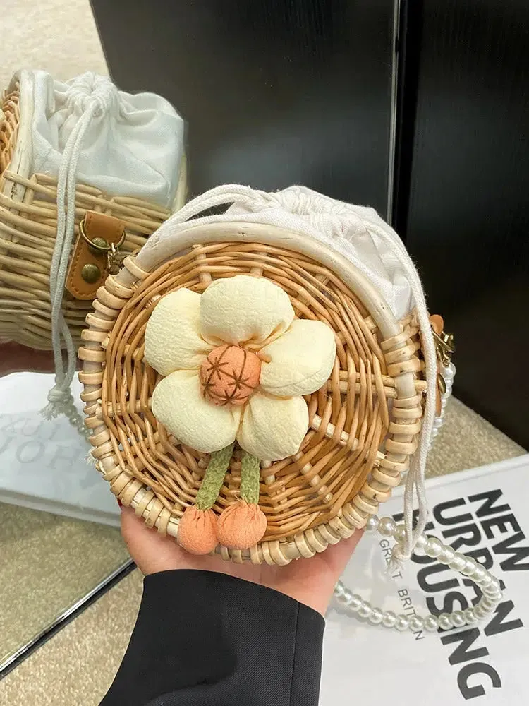Pearl Strap Round Woven Floral Bag