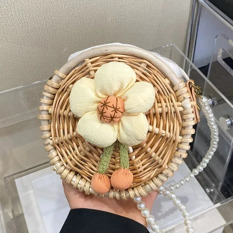 Pearl Strap Round Woven Floral Bag