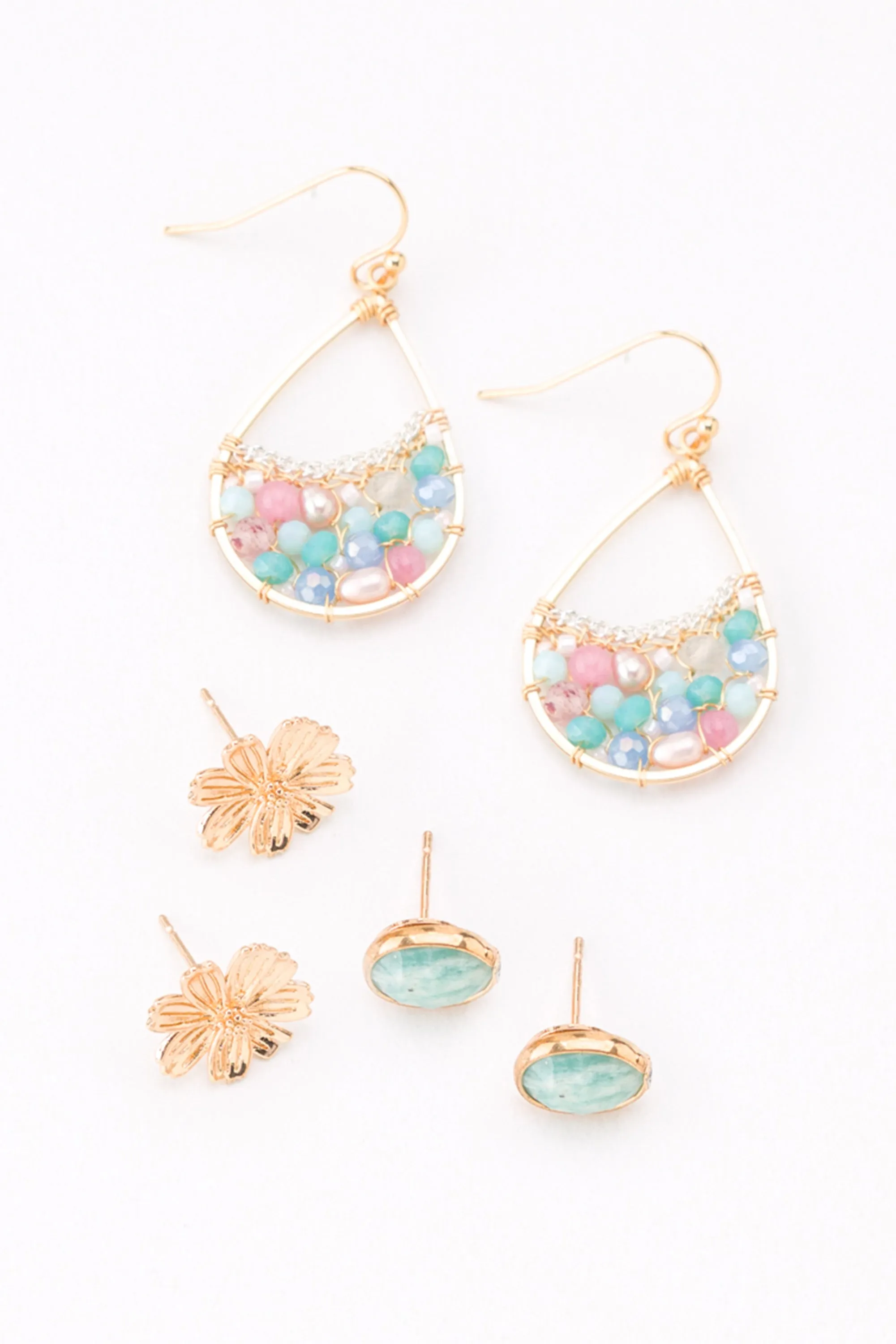 Pink Teal Gemstone Mix Set Earrings