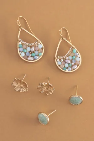 Pink Teal Gemstone Mix Set Earrings