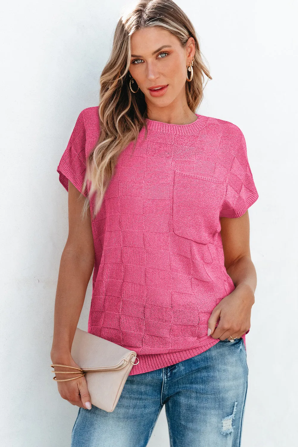 Pink Woven Design Knit Sweater