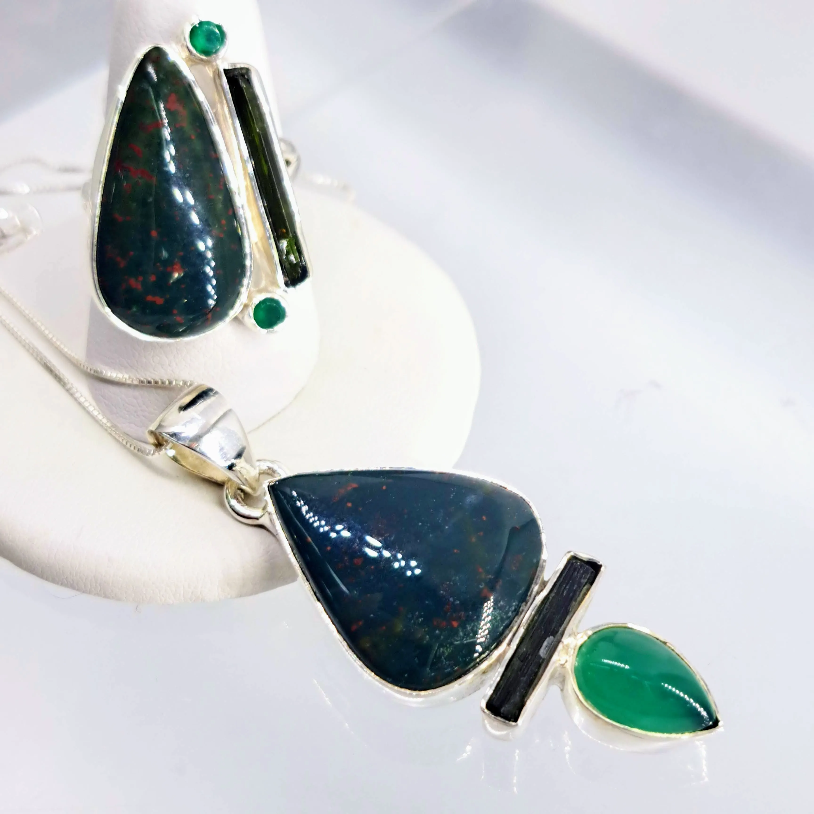 "Mrs. Green Jeans" 2" Pendant 20" Necklace - Bloodstone, Tourmaline, Onyx, Sterling