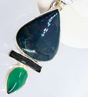 "Mrs. Green Jeans" 2" Pendant 20" Necklace - Bloodstone, Tourmaline, Onyx, Sterling
