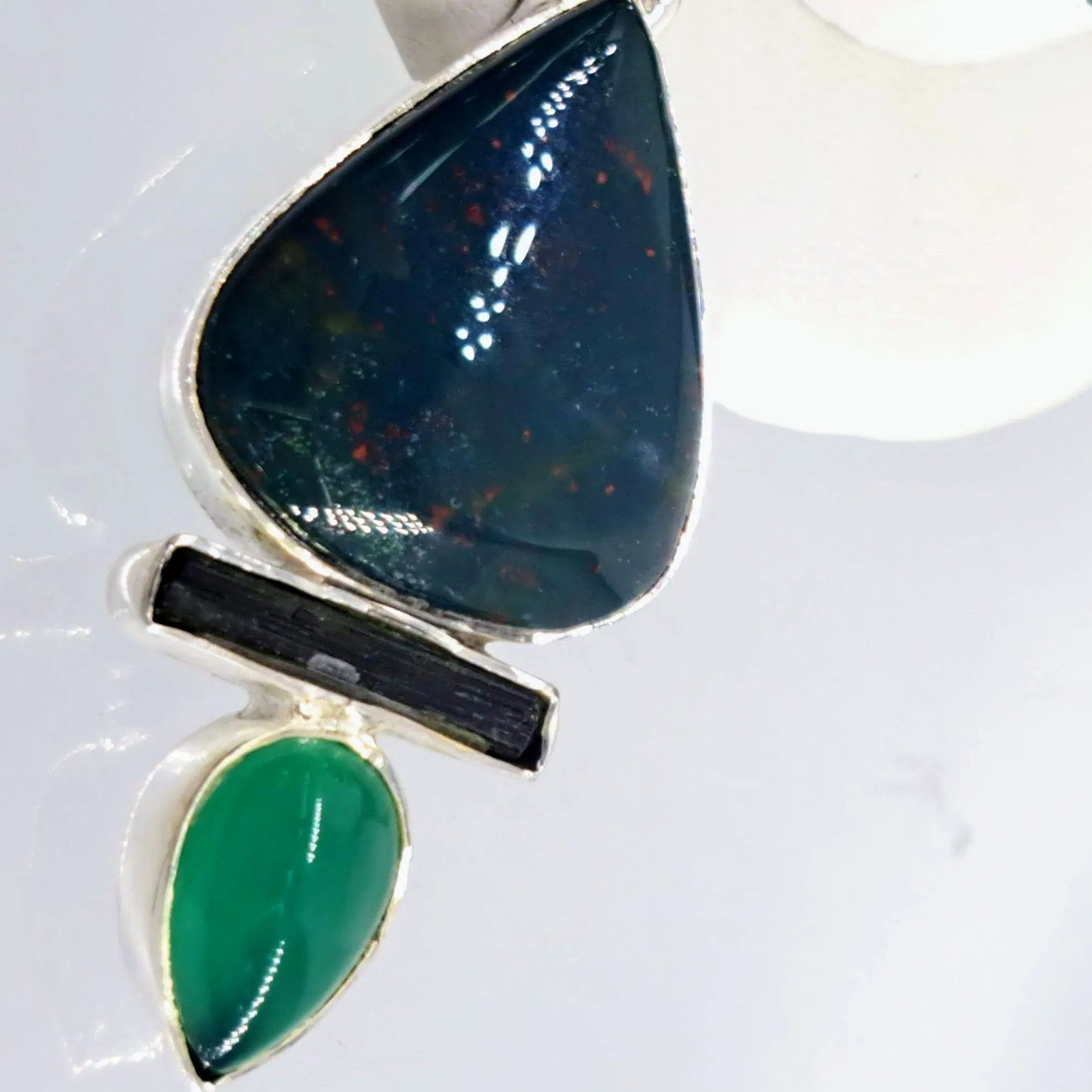 "Mrs. Green Jeans" 2" Pendant 20" Necklace - Bloodstone, Tourmaline, Onyx, Sterling