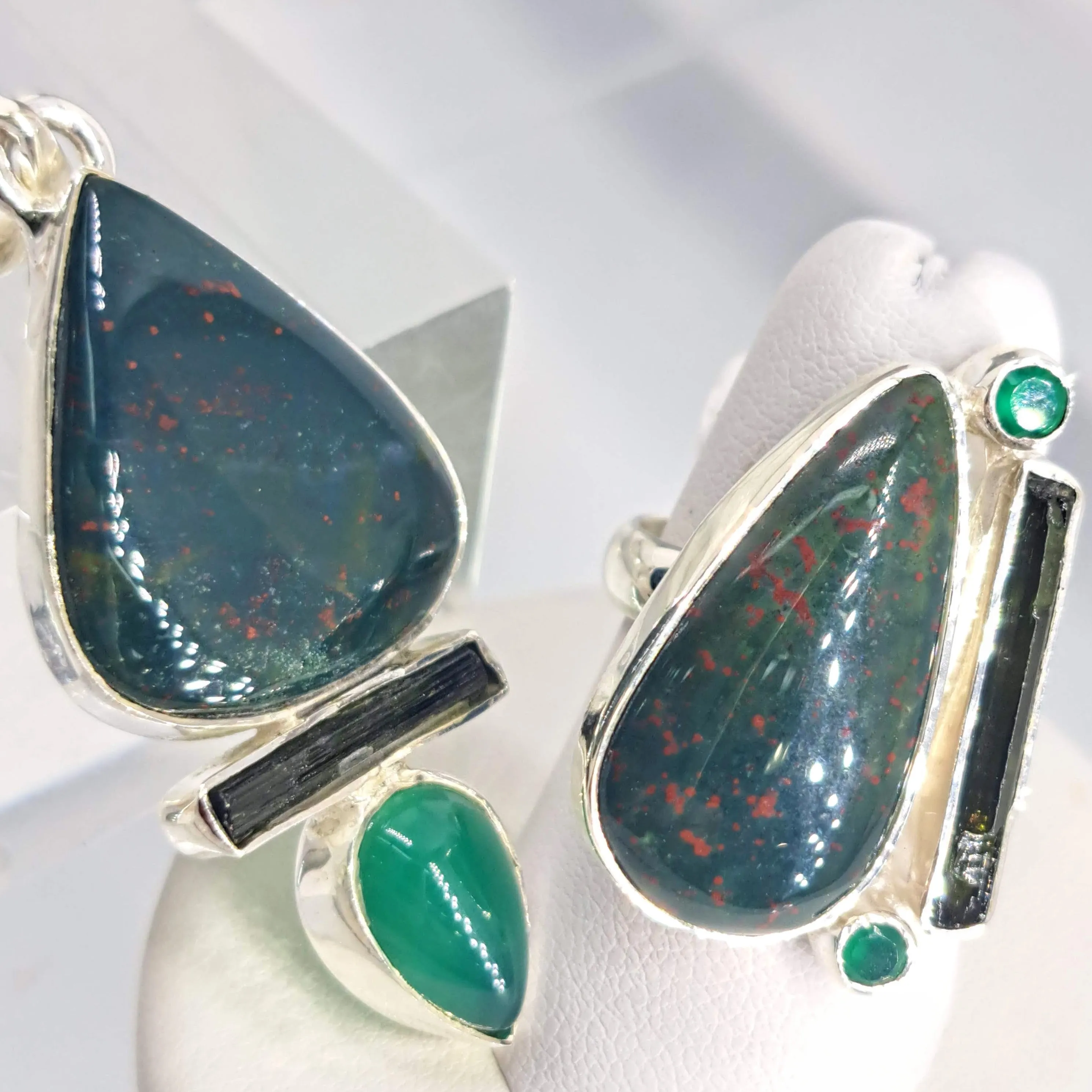 "Mrs. Green Jeans" 2" Pendant 20" Necklace - Bloodstone, Tourmaline, Onyx, Sterling