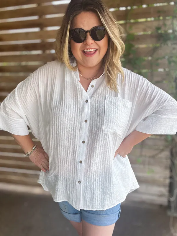 "Summertime Sunshine" Curvy White Pleated Button Up
