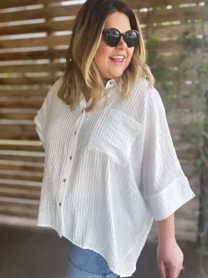 "Summertime Sunshine" Curvy White Pleated Button Up