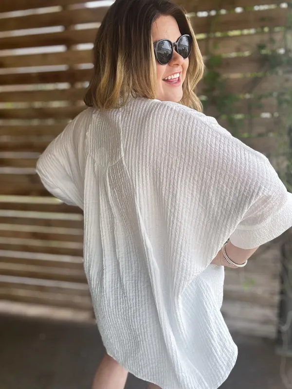 "Summertime Sunshine" Curvy White Pleated Button Up
