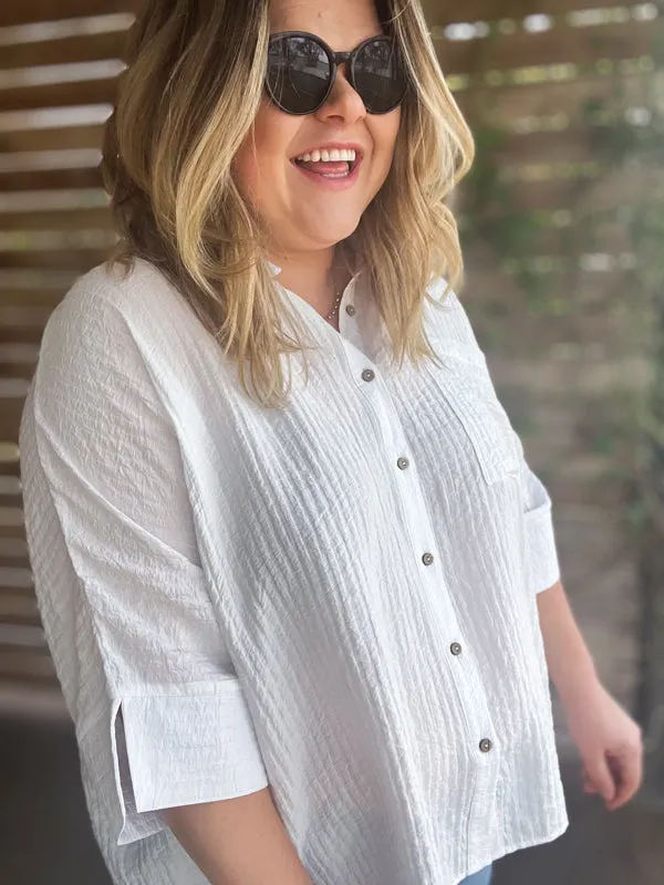 "Summertime Sunshine" Curvy White Pleated Button Up