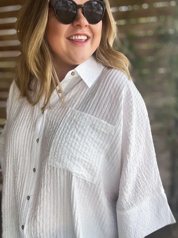 "Summertime Sunshine" Curvy White Pleated Button Up
