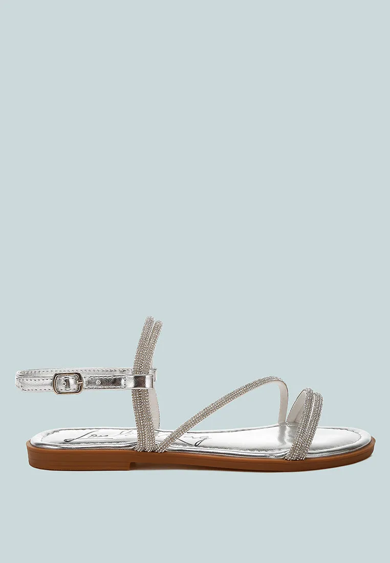 Rhinestone Strappy Flat Sandals By Ruw