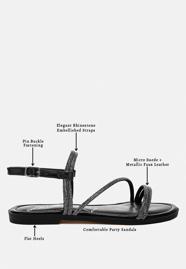 Rhinestone Strappy Flat Sandals By Ruw