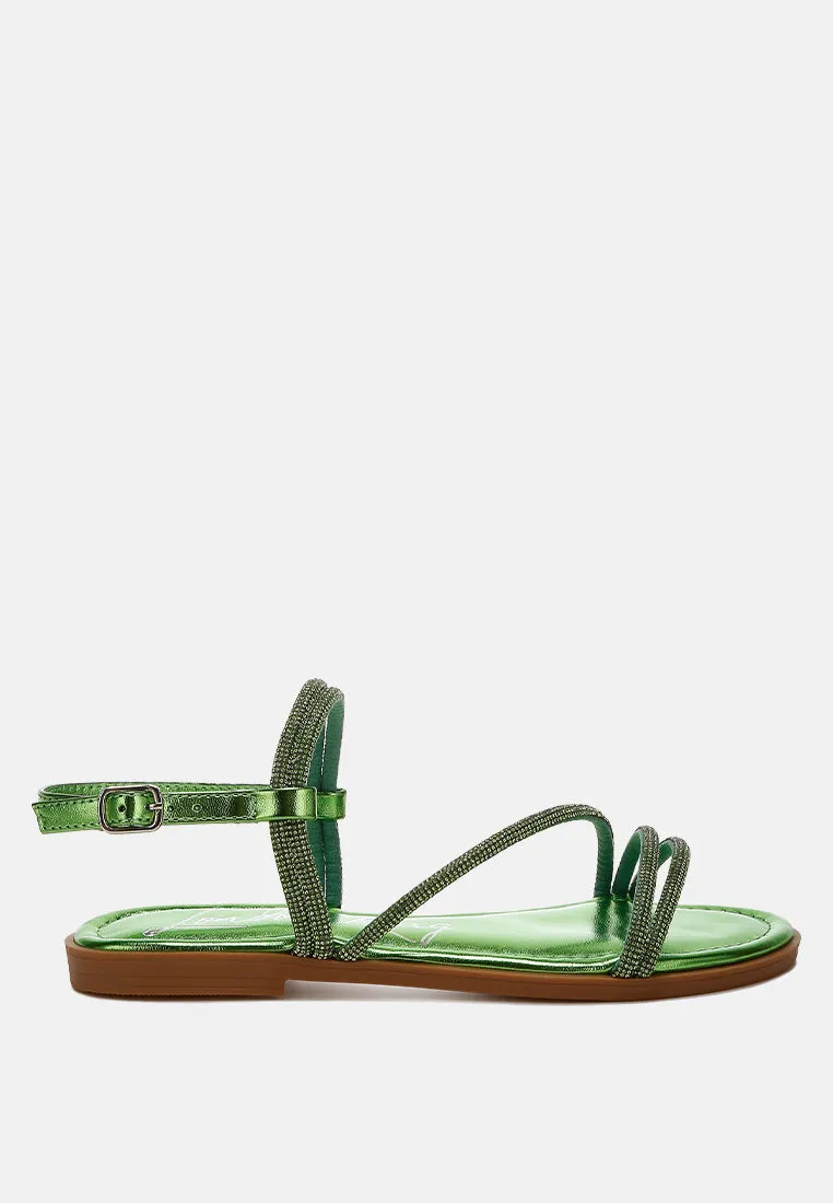 Rhinestone Strappy Flat Sandals By Ruw