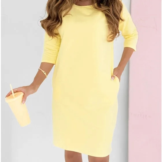 Round Neck 3/4 Sleeve Dress with Pockets