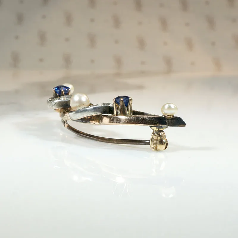 Sapphire & Pearl Spiral Crescent Moon Brooch