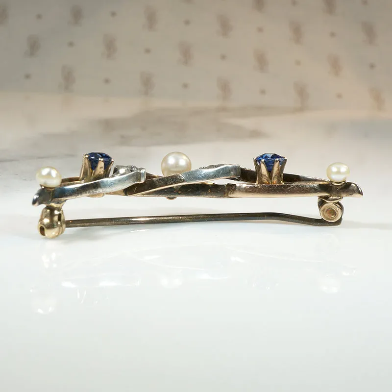 Sapphire & Pearl Spiral Crescent Moon Brooch