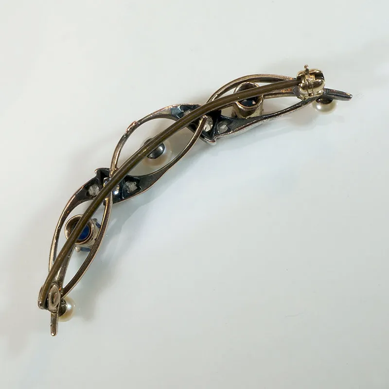 Sapphire & Pearl Spiral Crescent Moon Brooch