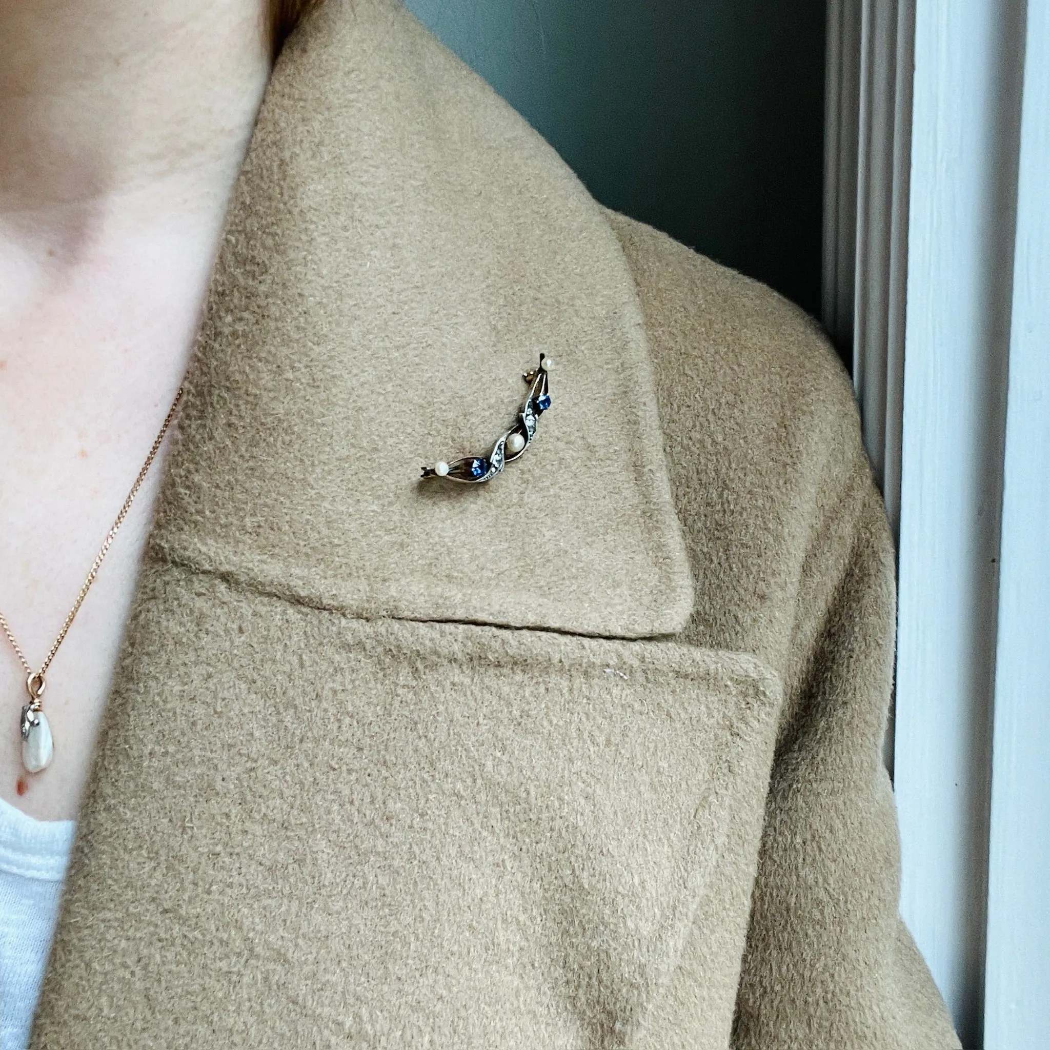 Sapphire & Pearl Spiral Crescent Moon Brooch