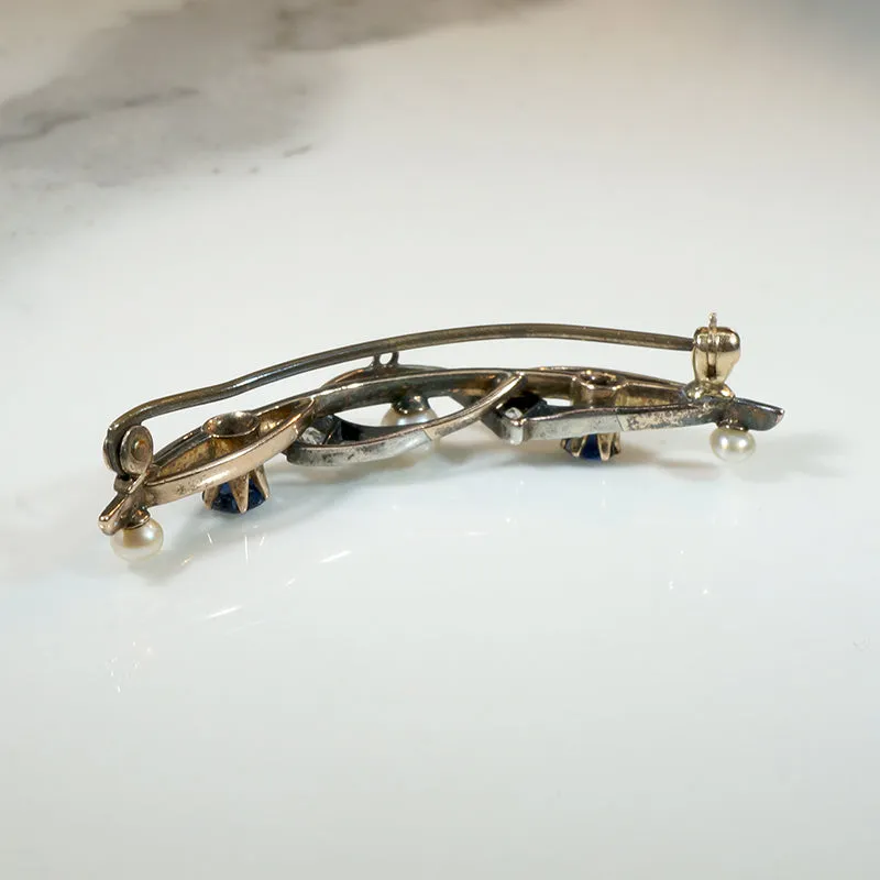Sapphire & Pearl Spiral Crescent Moon Brooch
