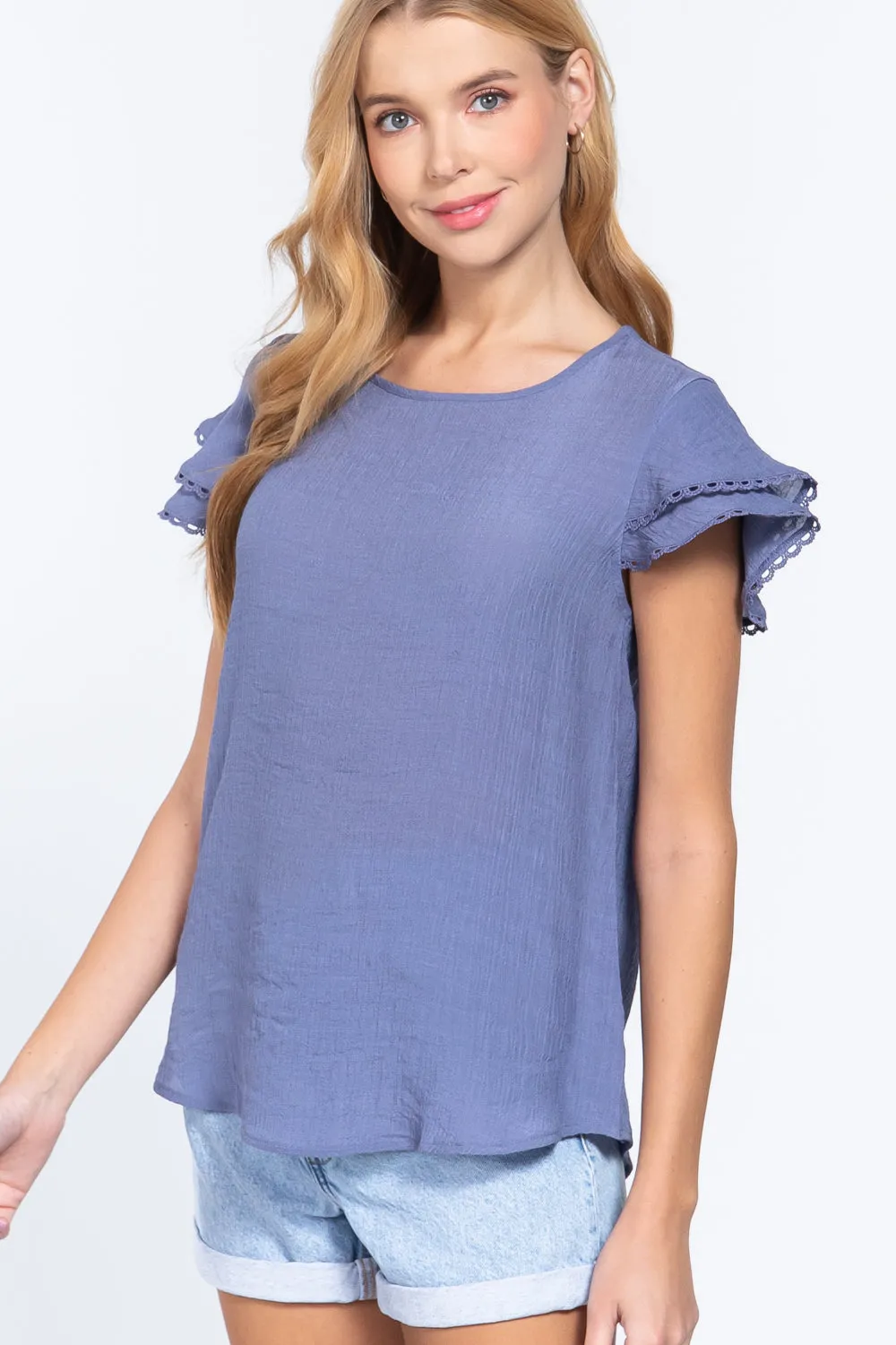 Short Cap Ruffl Slv Woven Top