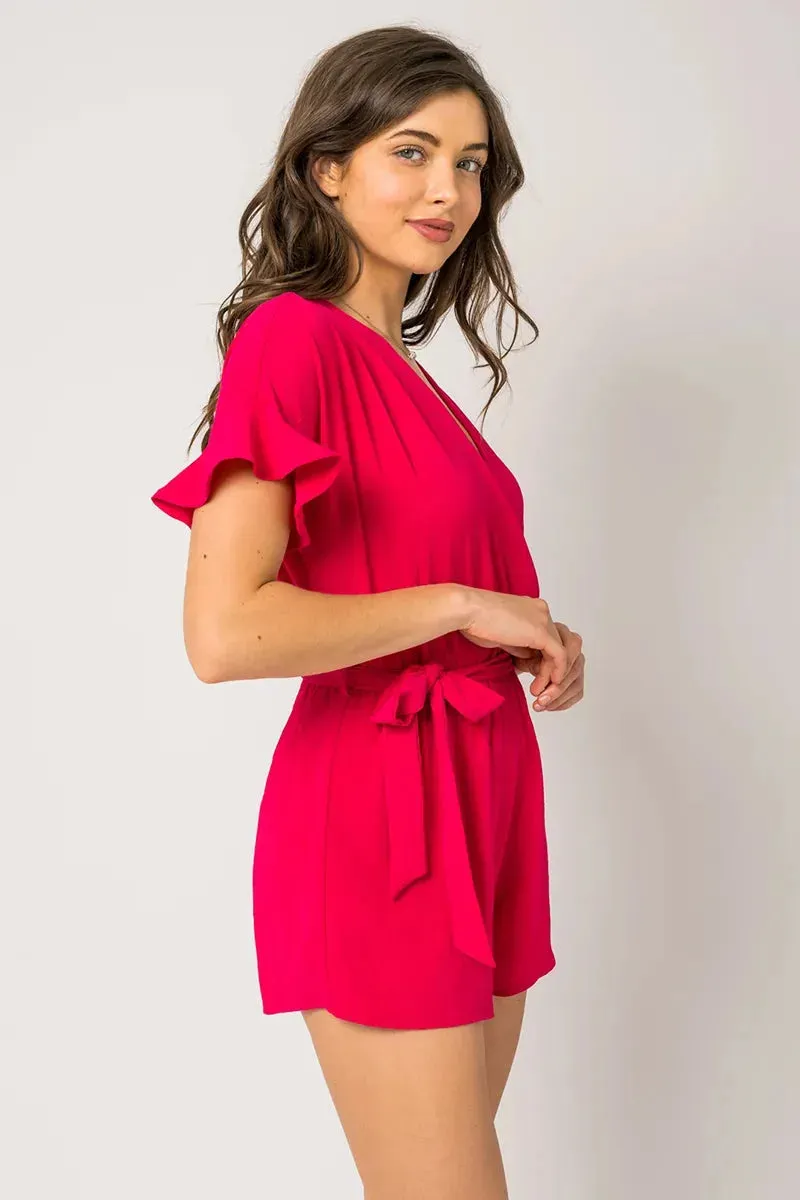 Short Ruffle Sleeve Surplice Waist Self Tie Romper