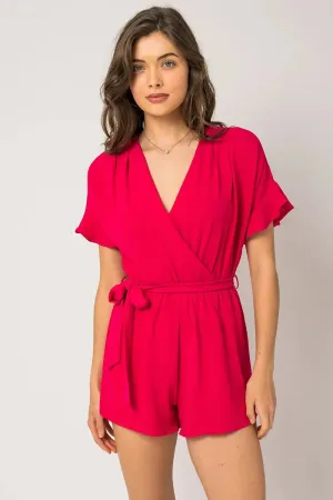 Short Ruffle Sleeve Surplice Waist Self Tie Romper