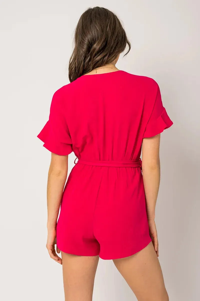 Short Ruffle Sleeve Surplice Waist Self Tie Romper