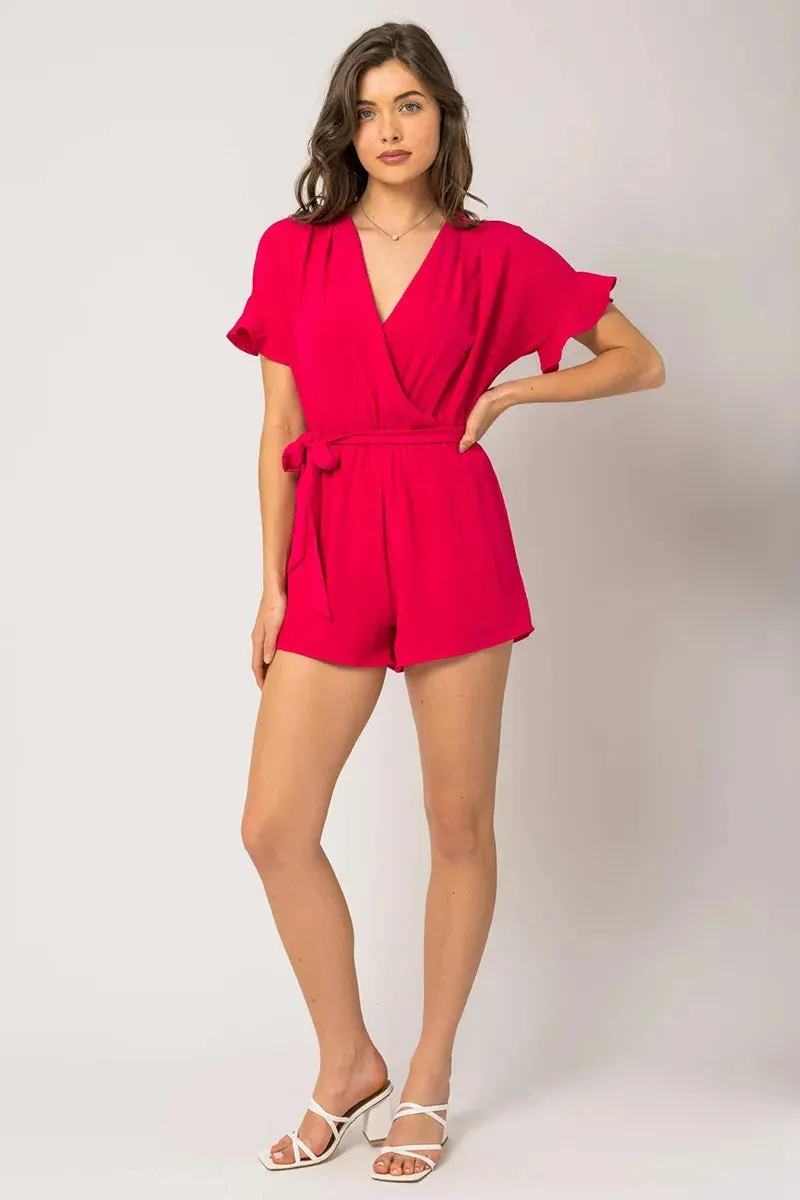 Short Ruffle Sleeve Surplice Waist Self Tie Romper