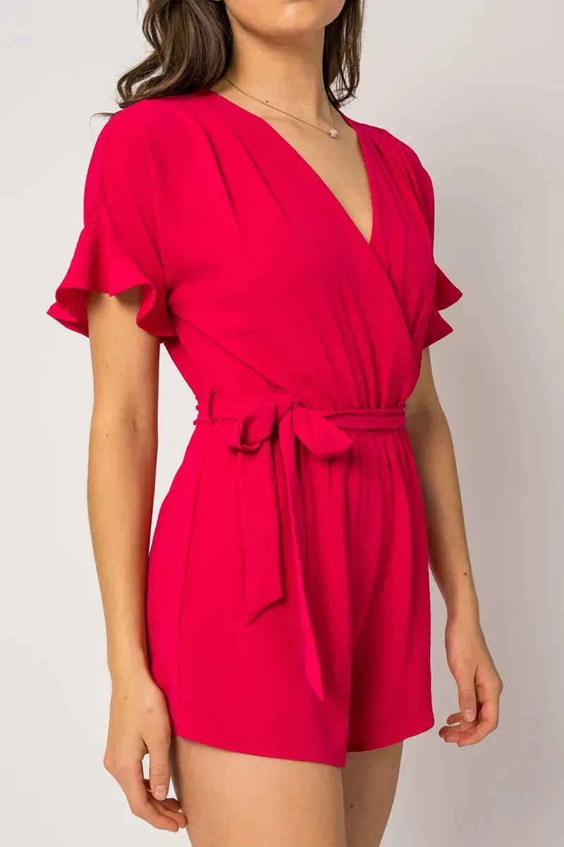 Short Ruffle Sleeve Surplice Waist Self Tie Romper