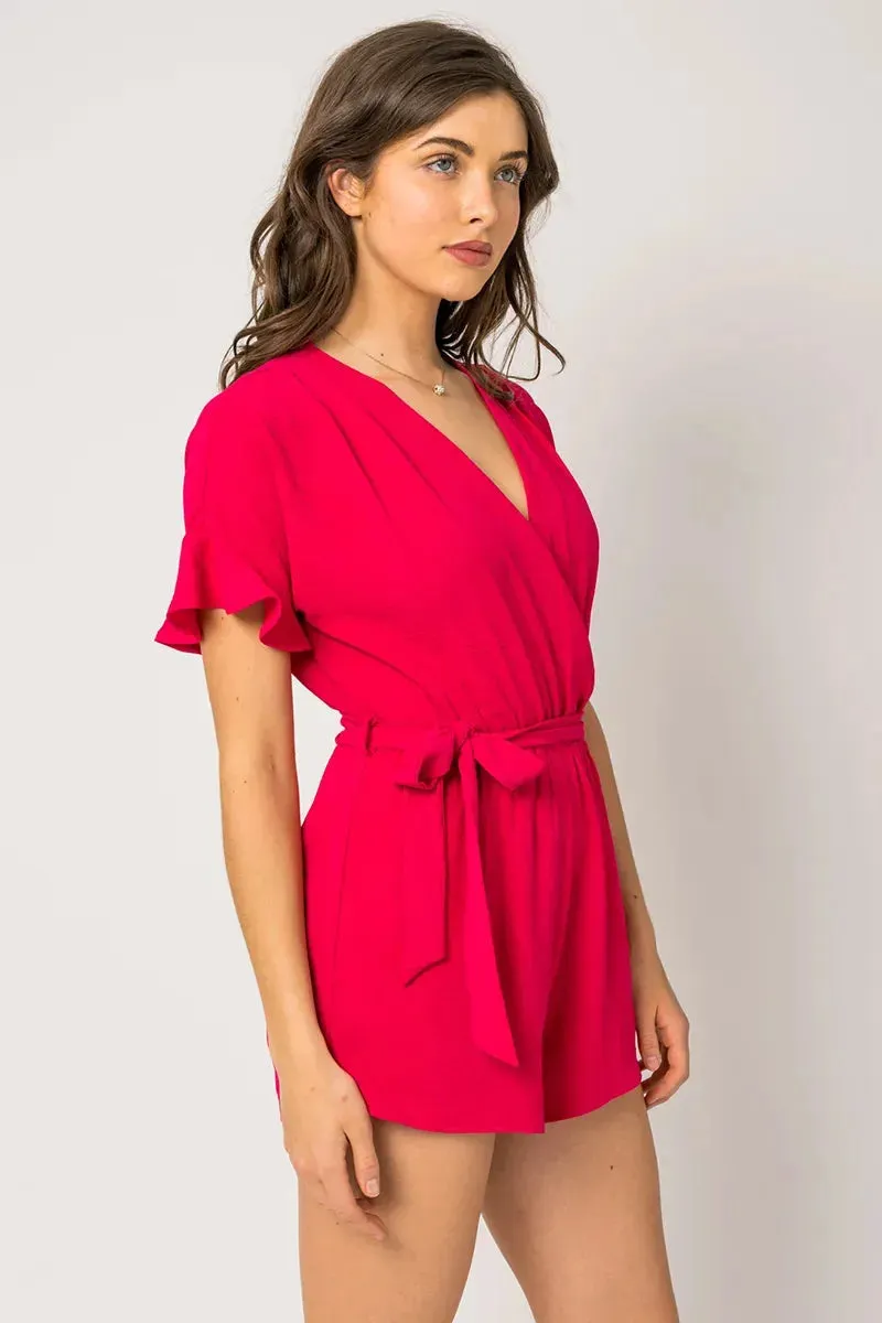 Short Ruffle Sleeve Surplice Waist Self Tie Romper