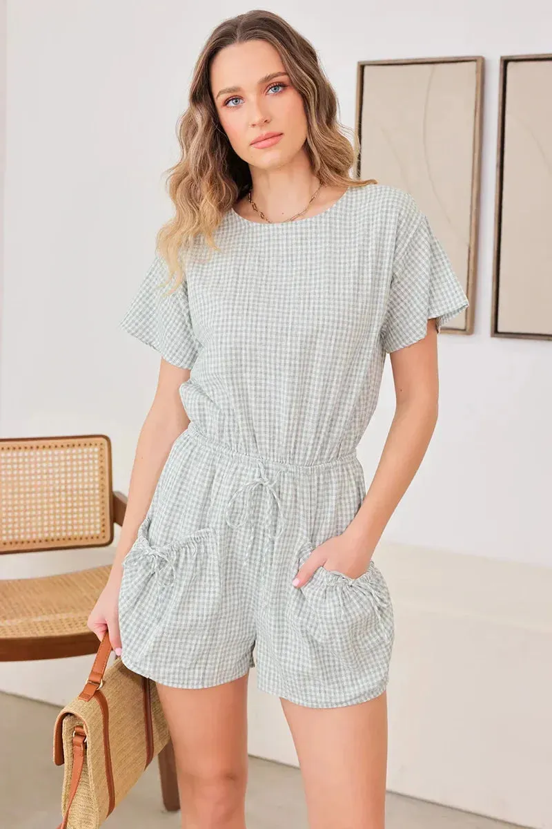 Short Sleeve Drawstring Waist Checker Romper