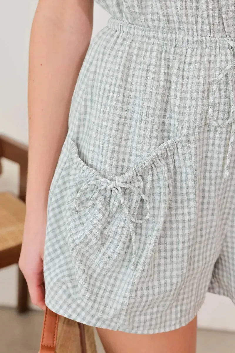 Short Sleeve Drawstring Waist Checker Romper