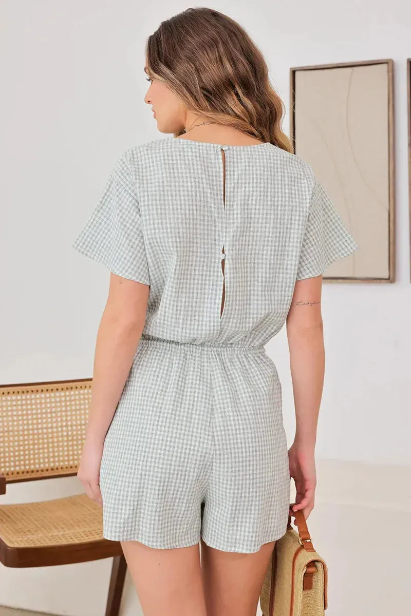 Short Sleeve Drawstring Waist Checker Romper