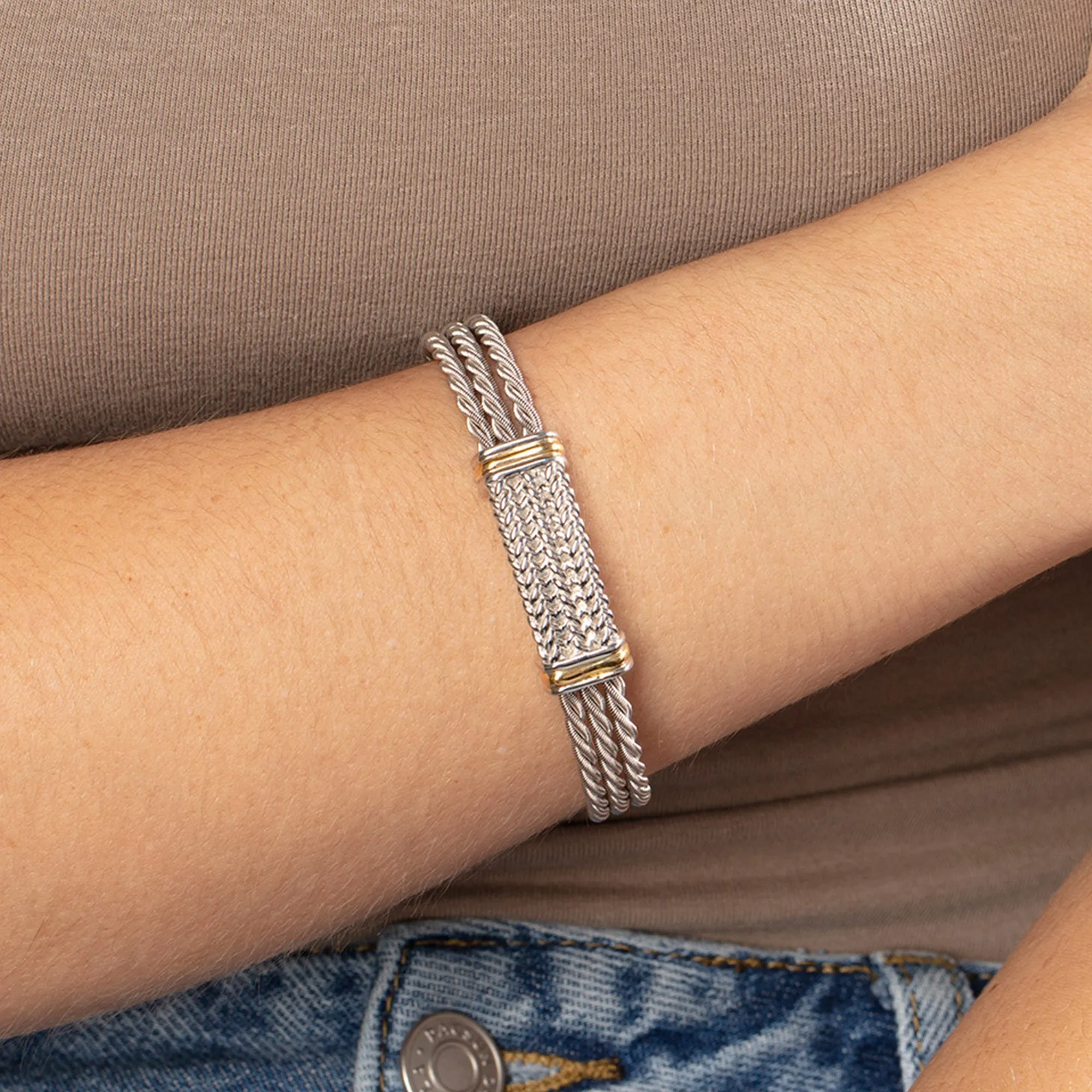 Silver & 18K Gold Tight Braided Cuff Bracelet
